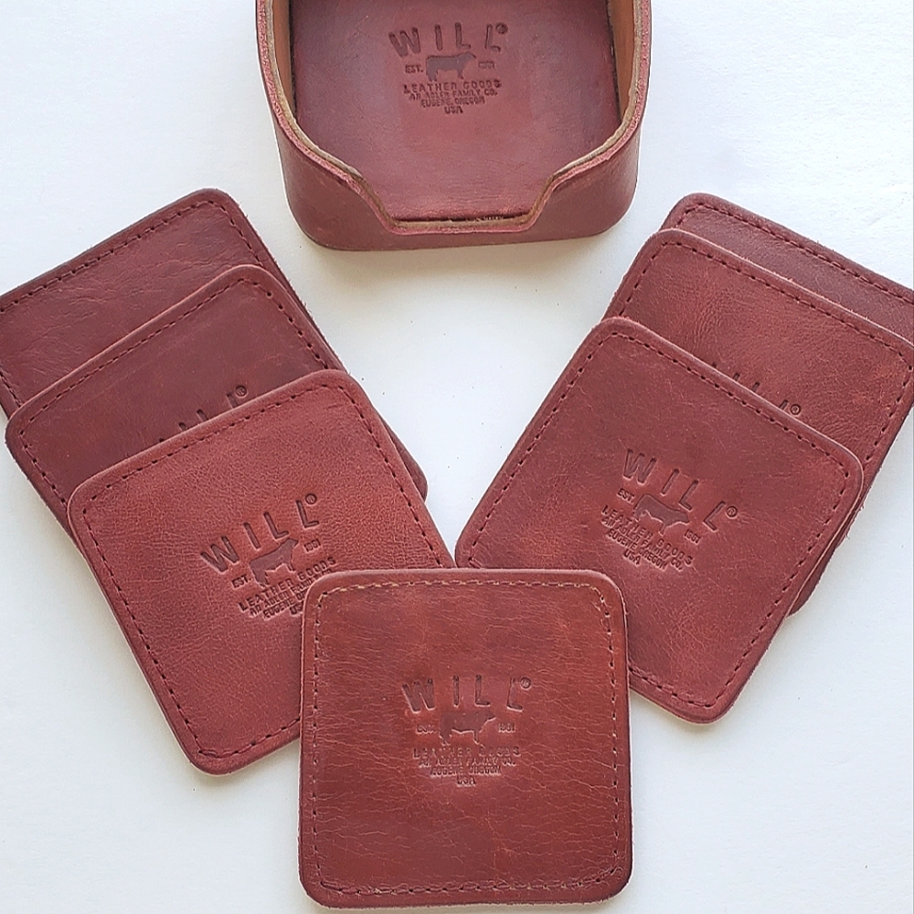 Will Leather Goods Set Of 7 Dark Red Leather Coasters Western Southwest Cowboy